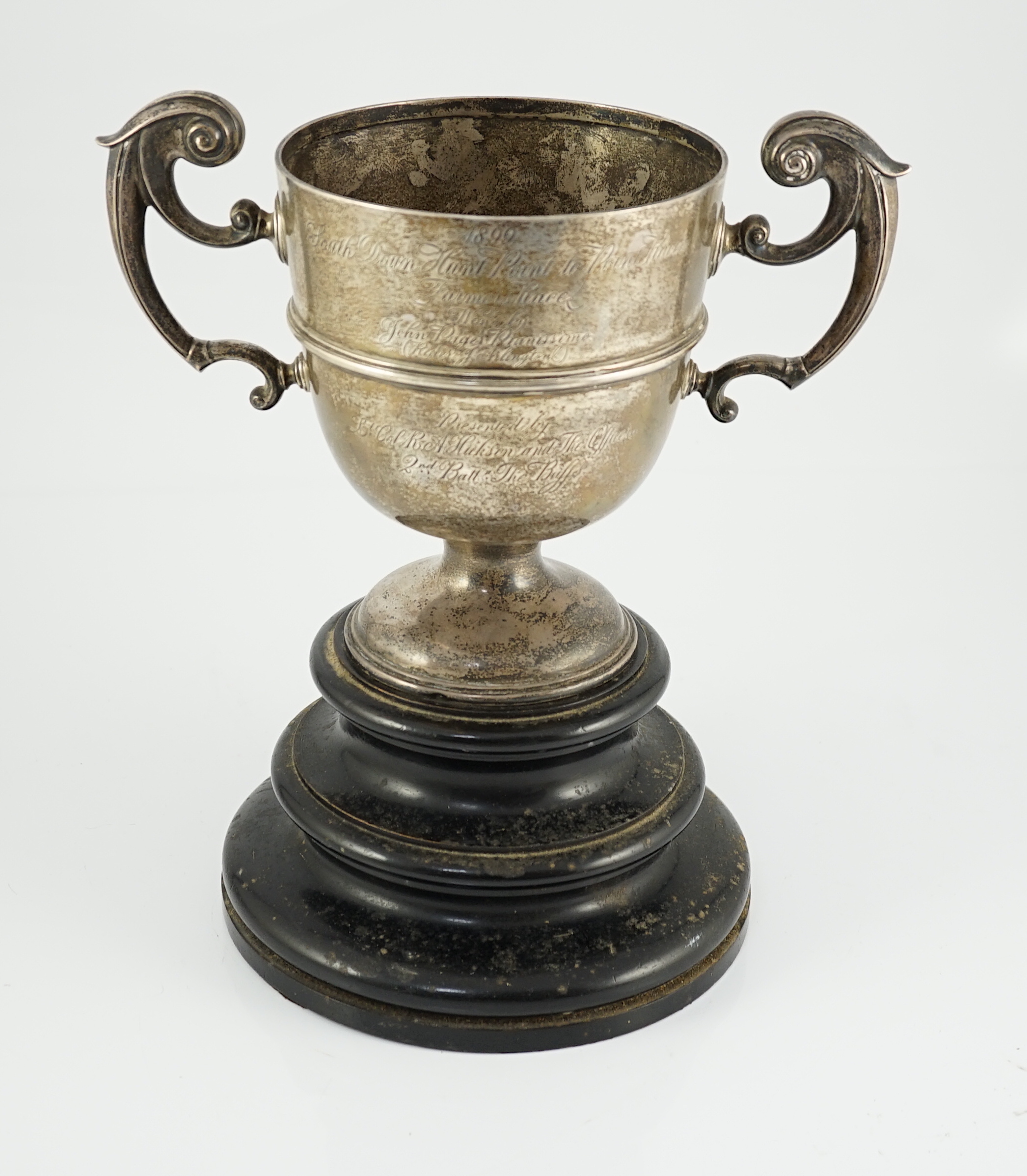 A late Victorian silver two handled trophy cup, with horse racing inscription relating to the South Down Hunt Point to Point, by James Deakin & Sons